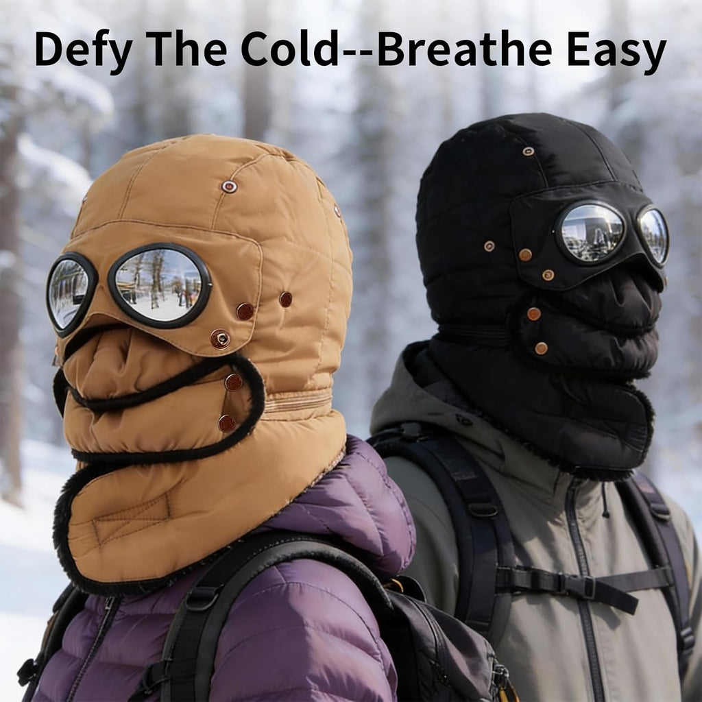 Winter Thermal Hat with Glasses, Trapper Hat for Men with Mask Pilot Face Ski Goggles Built in, Adjustable and Glasses