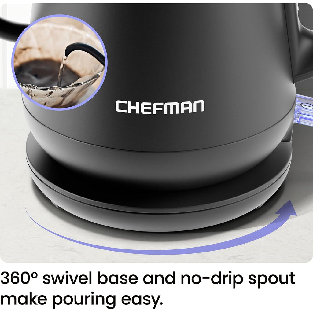 Chefman Gooseneck Electric Kettle, 0.8L Pour Over Tea Kettle For Coffee And Tea, One-Touch Operation, Boil-Dry Protection, Auto Shut-Off, Ultra-Fast Hot Water Boiler – Black