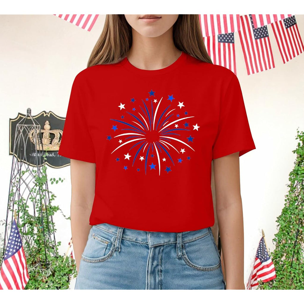 Womens American Flag Shirt USA Fireworks Patriotic Print T-Shirt 4th of July Crewneck Tee