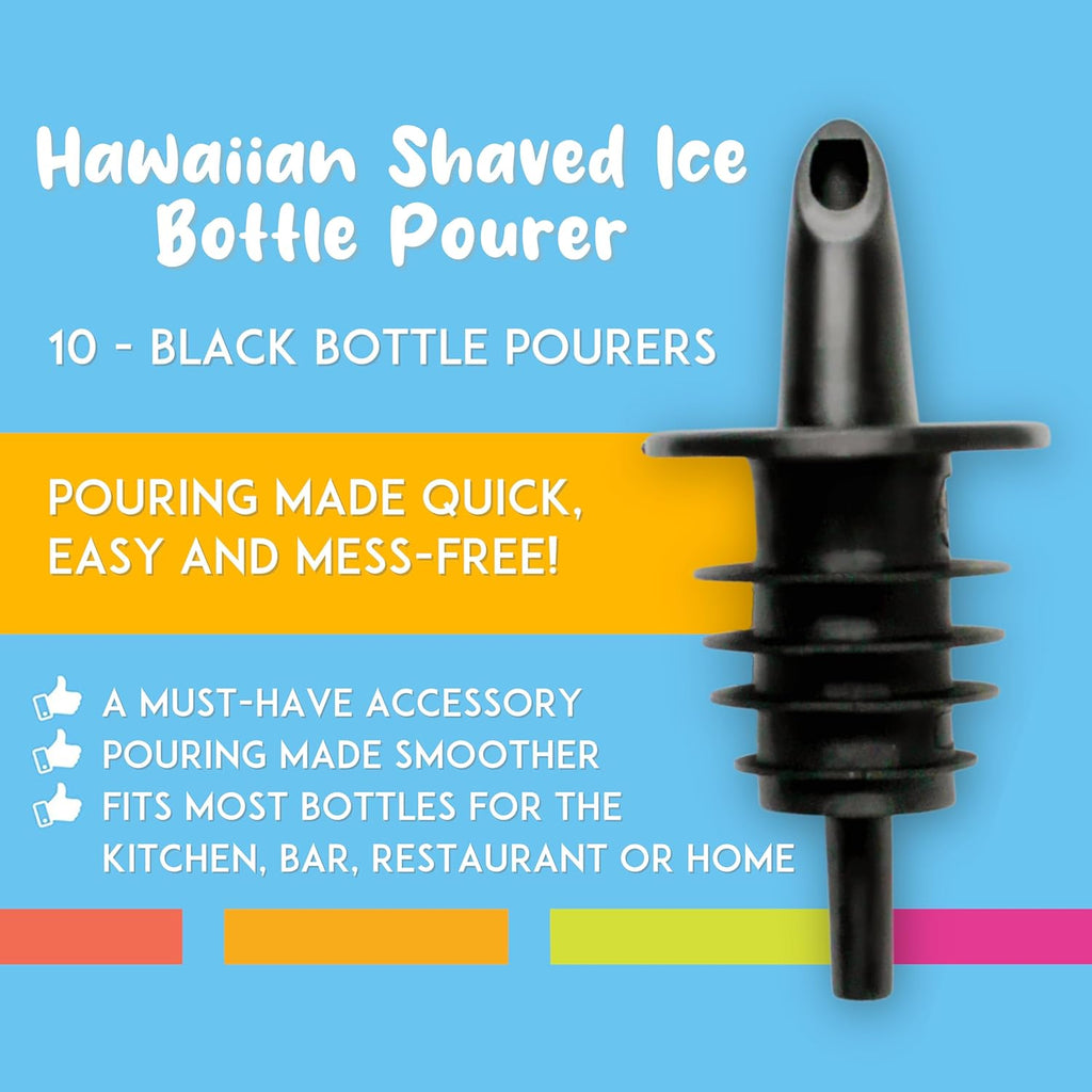 Hawaiian Shaved Ice Syrup Precise Control Bottle Pourers, Professional Pour Spouts for Snow Cone & Drink Flavors (10-Pack)