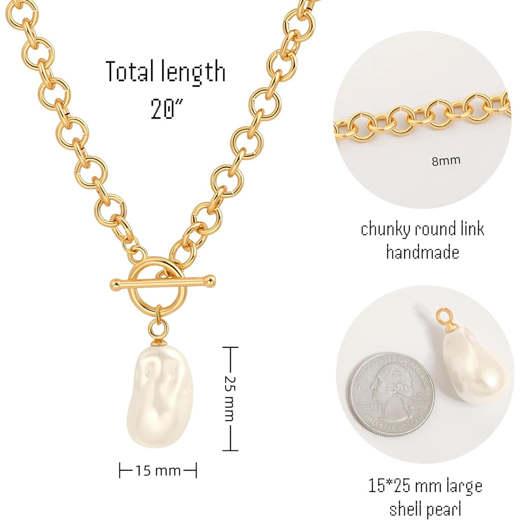 18k Gold Plated Chain Link Necklace for Women, Baroque Pearl/Compass Pendant Necklace