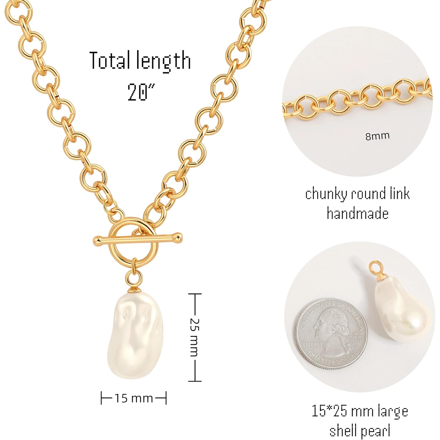 18k Gold Plated Chain Link Necklace for Women, Baroque Pearl/Compass Pendant Necklace