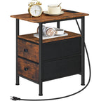 Hoobro End Table With Charging Station, Narrow Side Table, Nightstand With 2 Non-Woven Drawers, Slim Sofa Side Table, For Small Spaces, Living Room, Bedroom, Rustic Brown And Black Bf486Ubz01