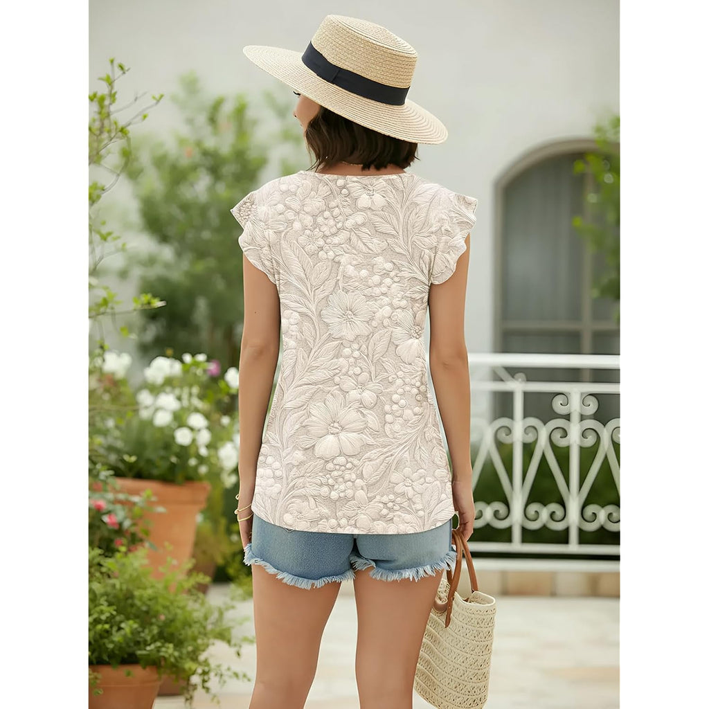 Womens Tops Dressy Casual Summer Floral V Neck T-Shirts Ruffle Short Sleeve Tunic Blouses
