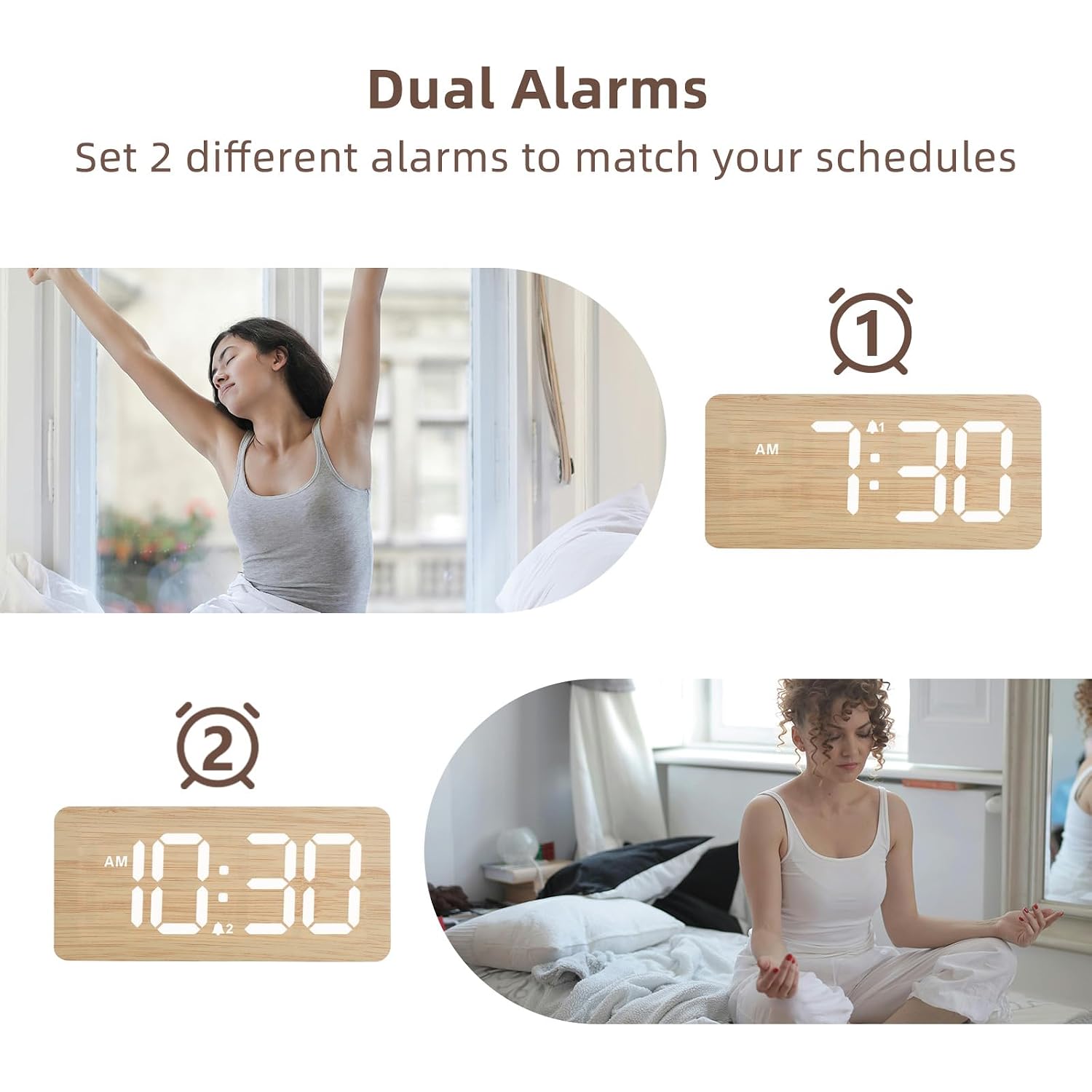 Uscce Wooden Digital Alarm Clocks For Bedrooms With 0-100% Dimmable Display | Desk Clock With Large Numbers For Living Room - Loud Dual Alarm For Heavy Sleepers With Volume Control - Wood Decor & Gifts
