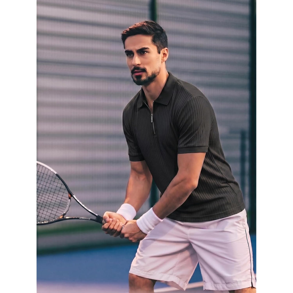 Plop 2 Pack Mens 1/4 Zipper Muscle Polo Shirts Slim Fit Collared Shirt Short Sleeve Ribbed Knit Fitted Casual Athletic Tee