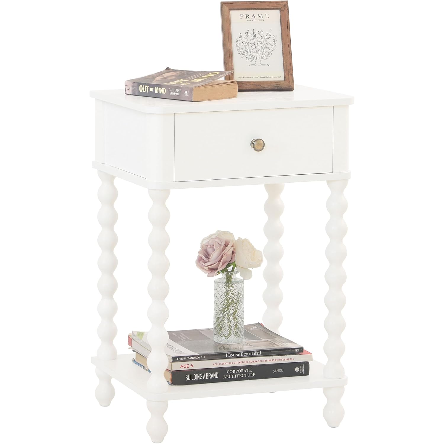 Awasen White Nightstand, Small Side Table With Drawer For Living Room, Farmhouse End Bedside Table With Spindle Wood Legs For Bedroom, Office, White
