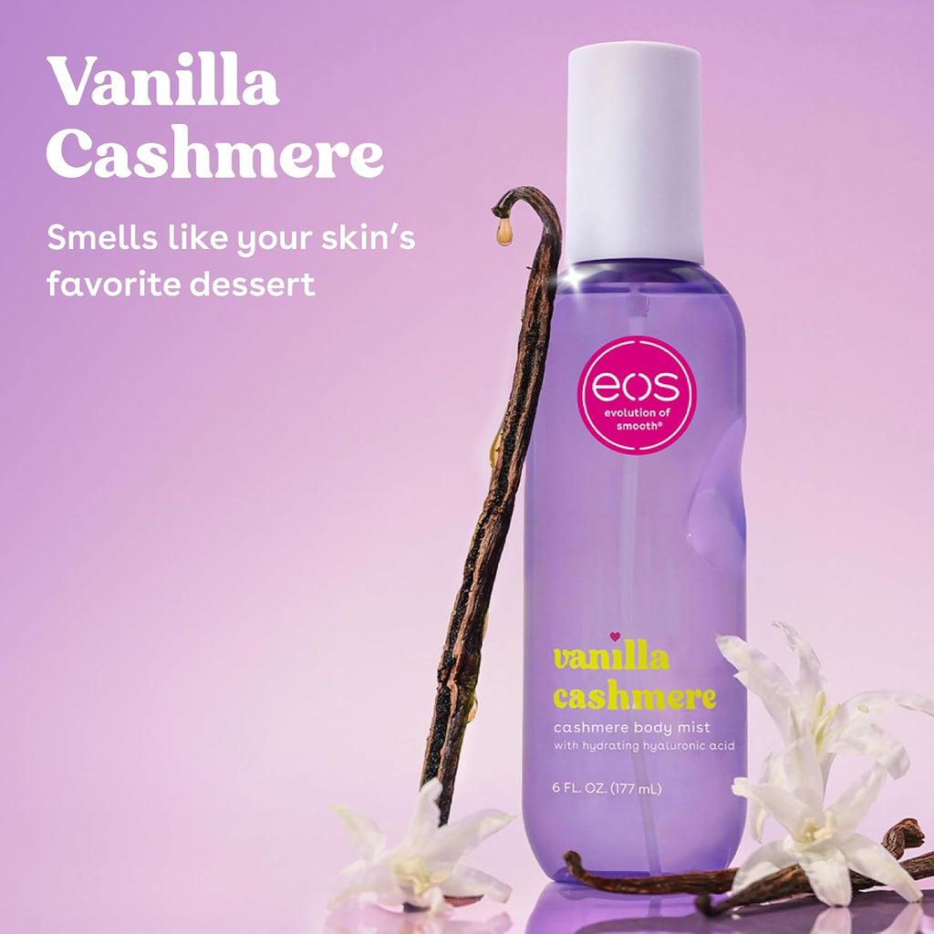 Eos Cashmere Body Mist, Vanilla Cashmere, Soft Musk, Cozy Caramel, Hair Mist, Body Spray For Women, Moisturizing, Hyaluronic Acid, Body Spray, Vegan, Cruelty-Free, 6 Fl Oz