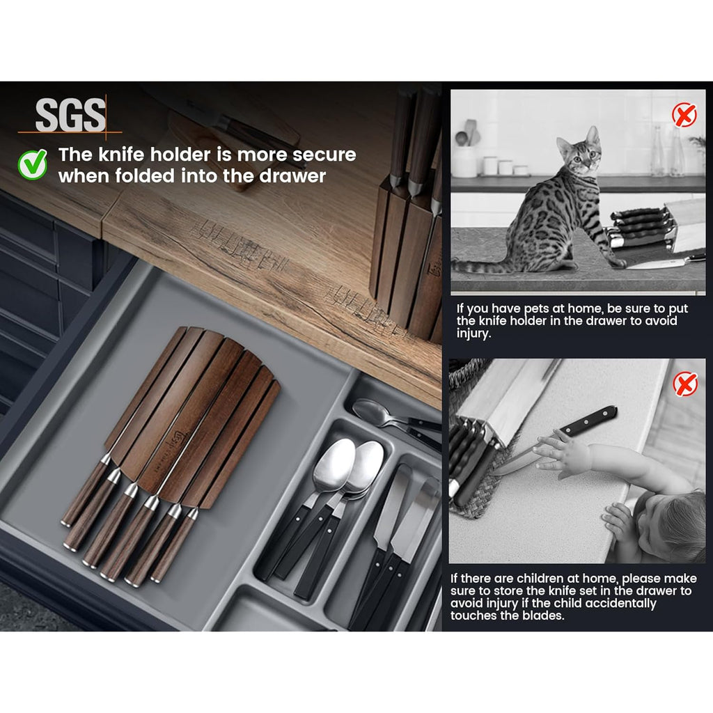 SYOKAMI 2026 Upgrade Knife Set 7 Piece Japanese Style Kitchen Knife Set With Foldable Magnetic Acacia Wood Block Sharp High Carbon Stainless Steel Chef Knives Set with Anti-slip Handle, Ideal for Gift