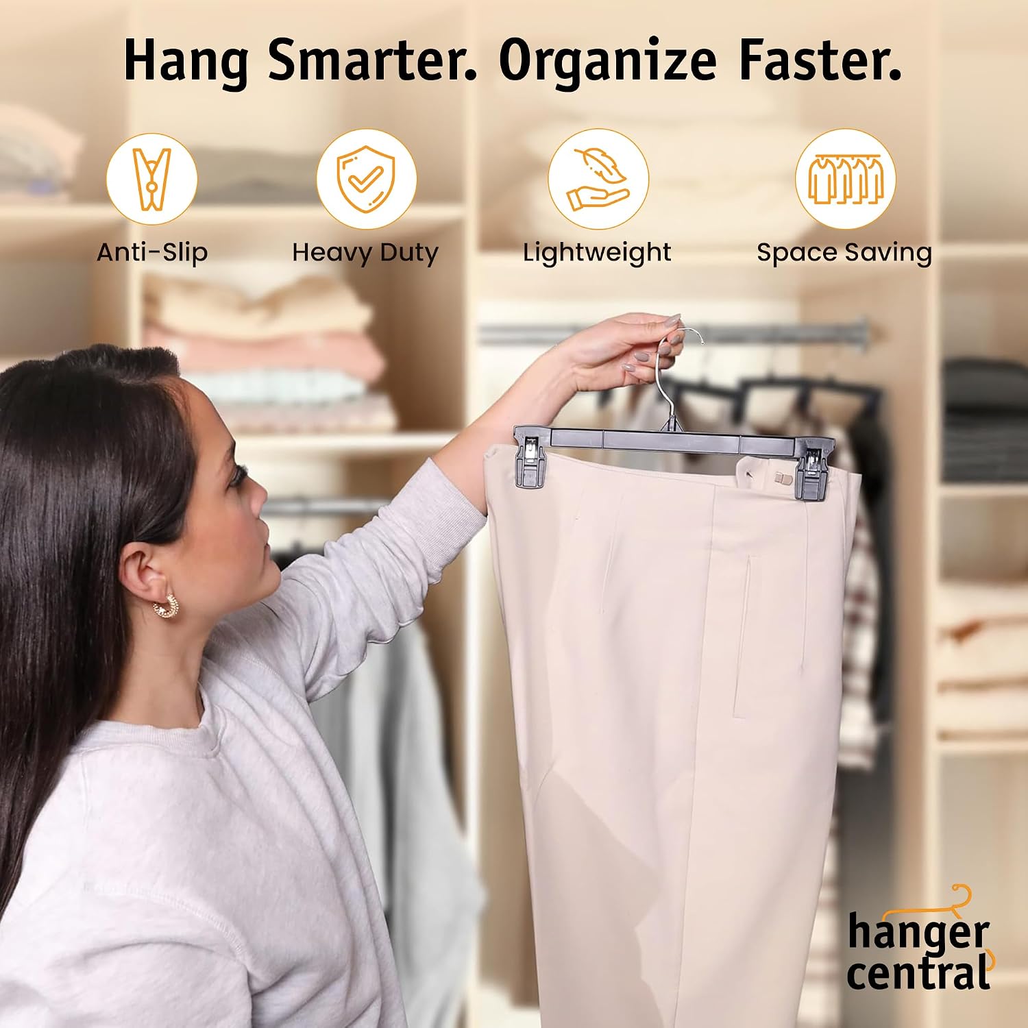 12 Inch 30 Pack Pants Hangers Slim Plastic Clothes Hangers With Clips For Skirts, Shorts & Trousers – Non Slip Grip, Heavy Duty Space Saver With Swivel Hook – Black Closet Organizer
