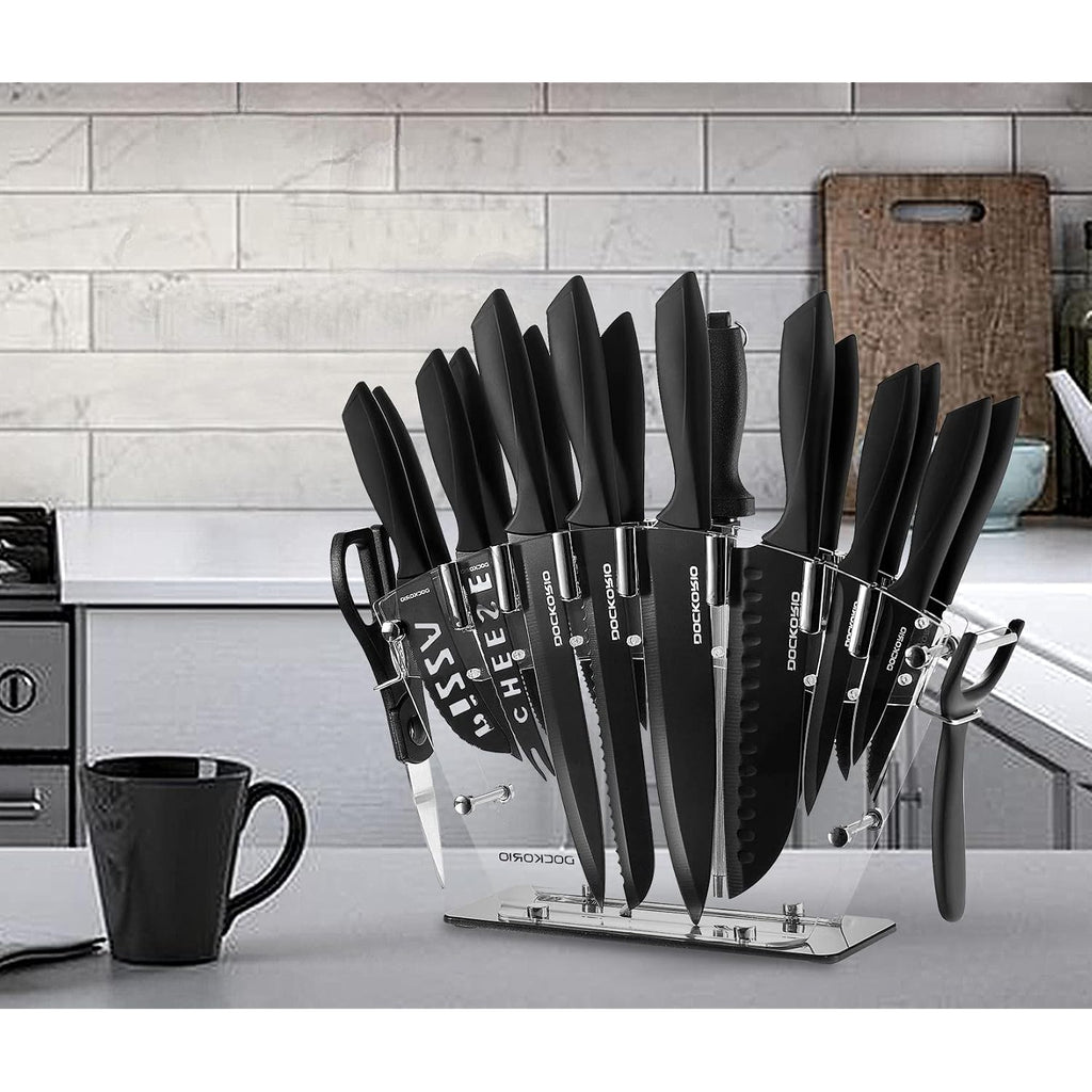 Kitchen Knife Set With Block, 19 Pcs High Carbon Stainless Steel Sharp Includes Serrated Steak Knives Set, Chef Knives, Bread Knife, Scissor, Sharpener, All In One
