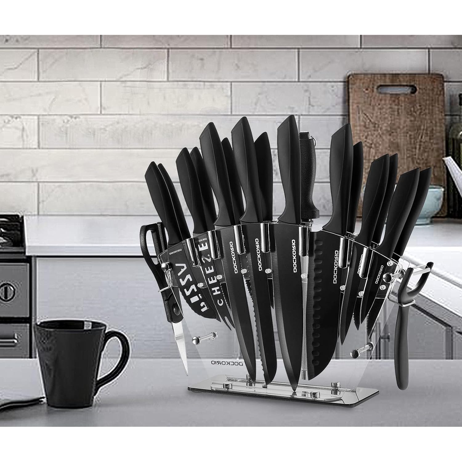 Kitchen Knife Set With Block, 19 Pcs High Carbon Stainless Steel Sharp Includes Serrated Steak Knives Set, Chef Knives, Bread Knife, Scissor, Sharpener, All In One
