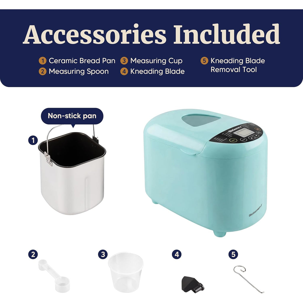 Elite Gourmet Programmable Bread Maker, 2 lb Loaf, 3 Sizes, 19 Presets incl. Gluten-Free, Dough & Jam, Delay Timer, Mint
