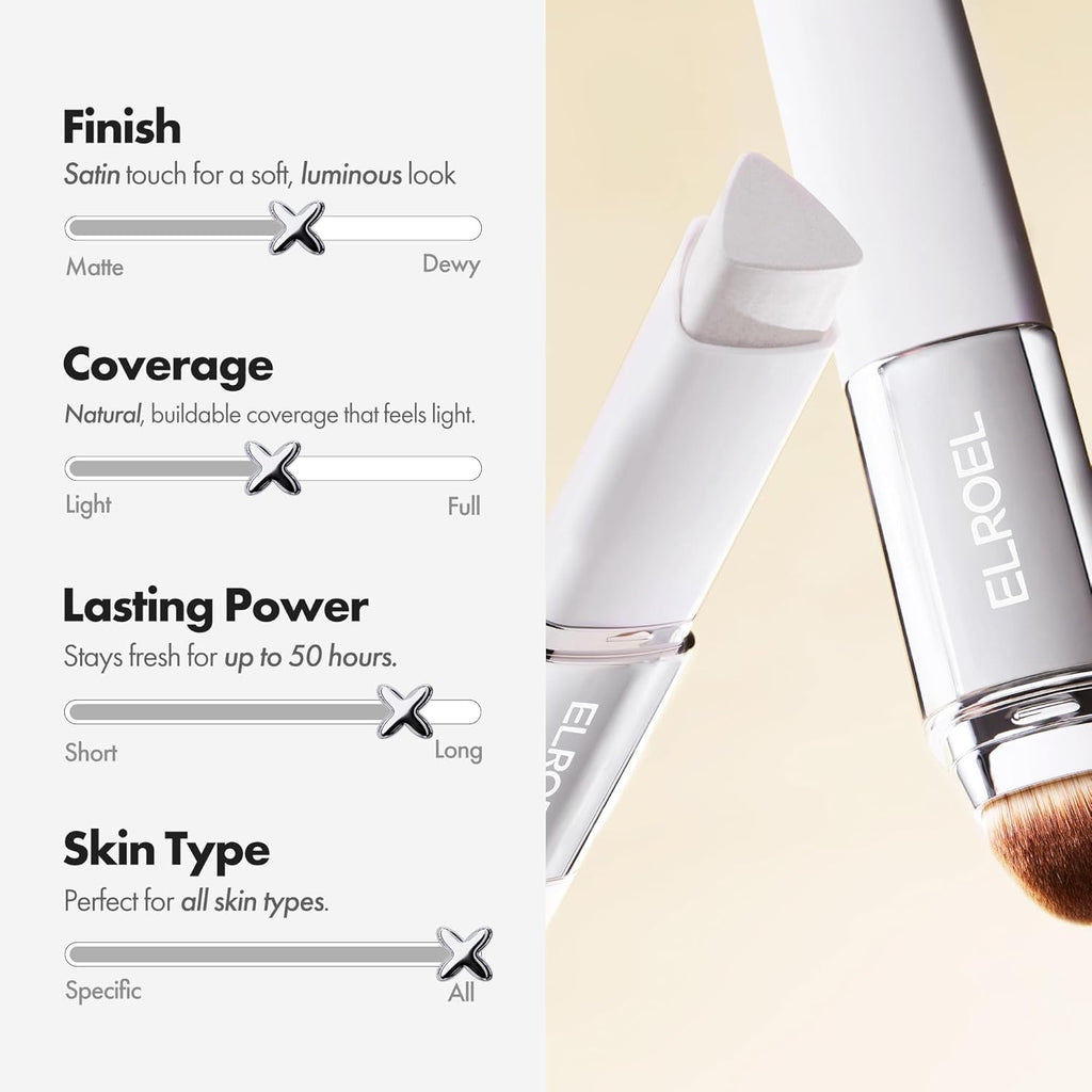 ELROEL Blanc Cover Cream Stick V White - Korean Color-Changing Foundation Stick with Volufiline - Medium to Full Coverage Dewy Finish Base Makeup - Dual-Ended with Detachable Brush (203 Medium)