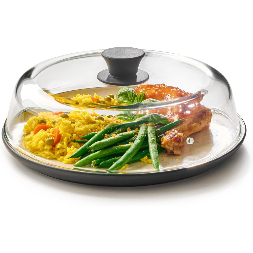 Le'raze 10inch Glass Microwave Splatter Cover for Food - 100% Food Grade BPA & Lead Free - Dishwasher Safe - Cookware & Bakeware Serving Dish Plate Mess Guard Lid with Easy Grip Silicone Handle Knob