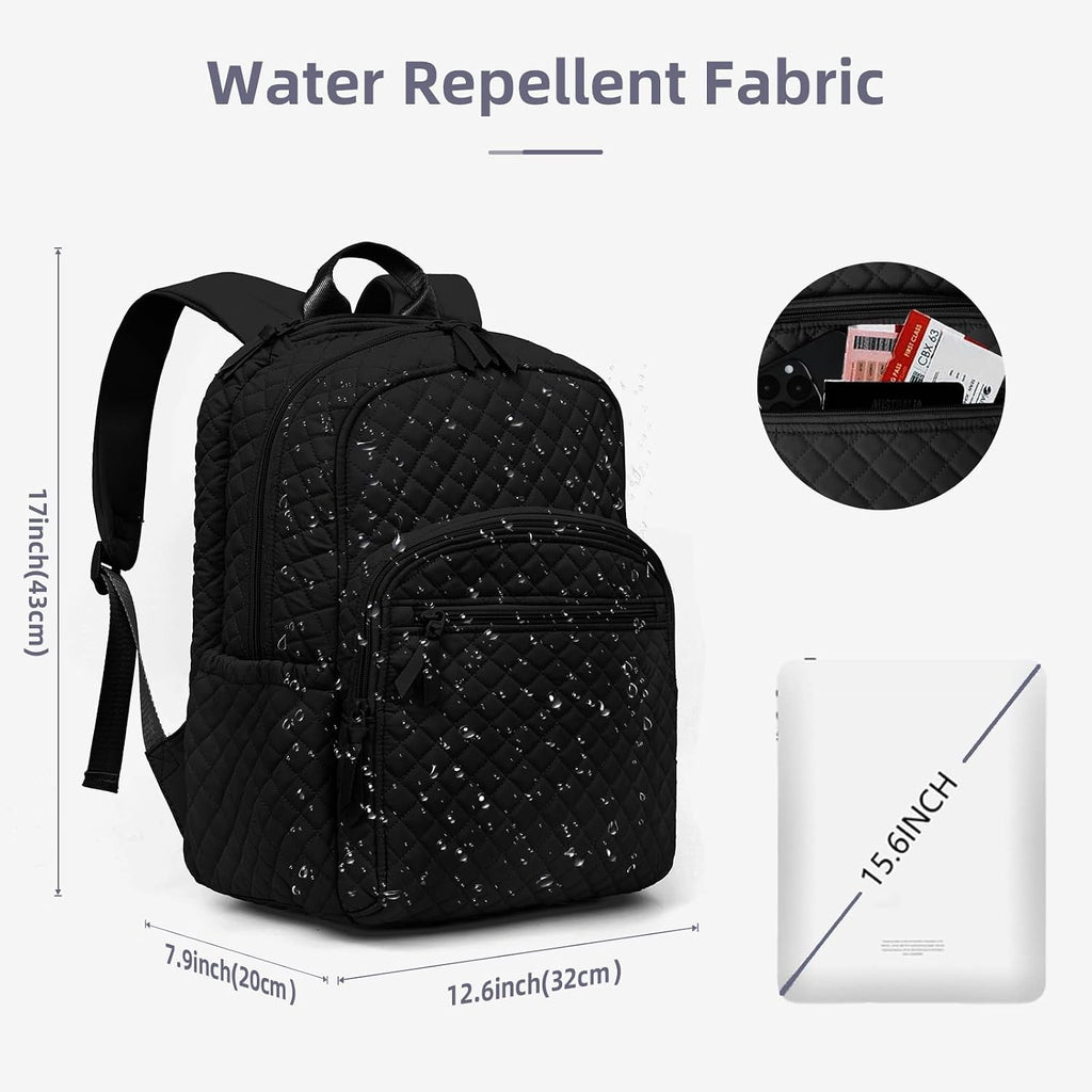 Backpack For Women,College Backpack,Quilted Casual Daypack,Waterproof Bookbag For 15.6Inch Laptop (Black)