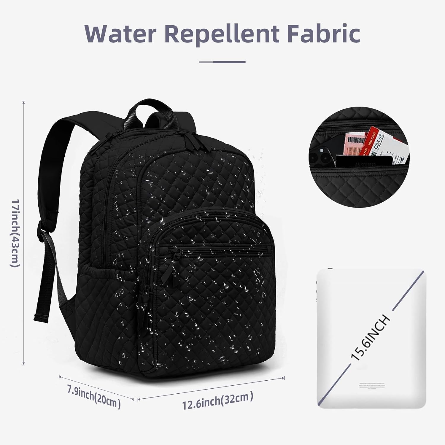 Backpack For Women,College Backpack,Quilted Casual Daypack,Waterproof Bookbag For 15.6Inch Laptop (Black)