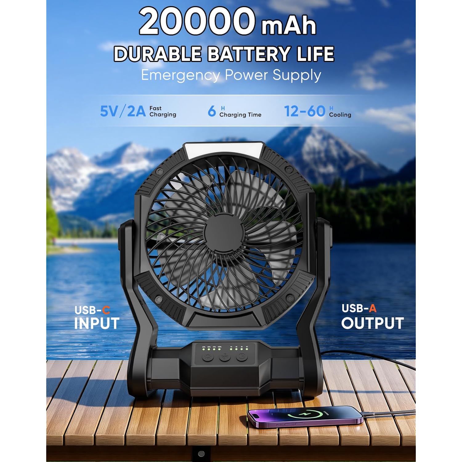Portable Rechargeable Fan, 20000Mah Battery Powered Camping Fan With Led Light & Hook, 270° Adjustable, 4-Speed, 4H Timer Camping Essentials For Outdoor Tent Travel Bbq Car, Gifts For Men Dad