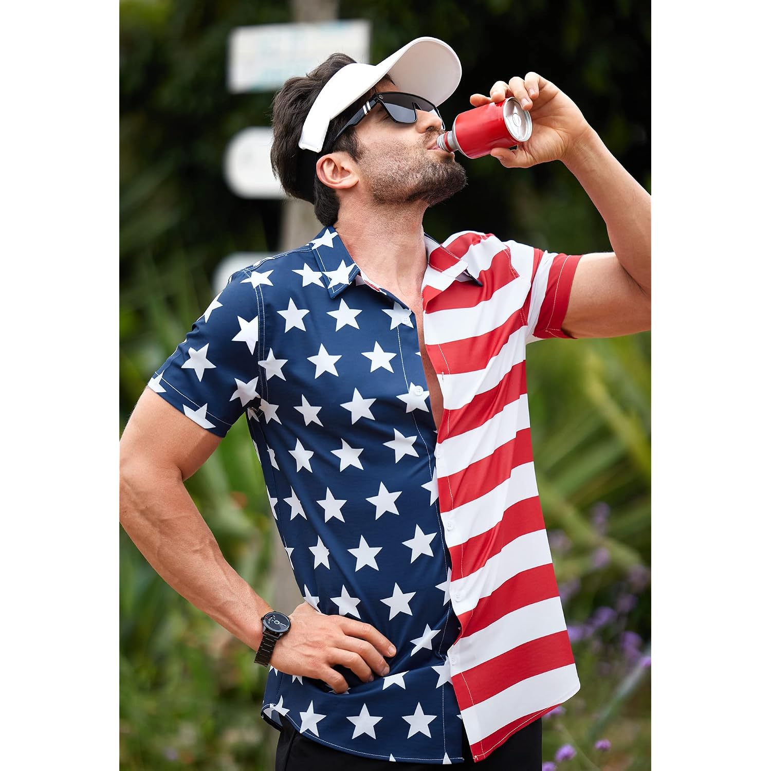 Men American Flag Button Shirt 4Th Of July Short Sleeve Shirts (S-3Xl)