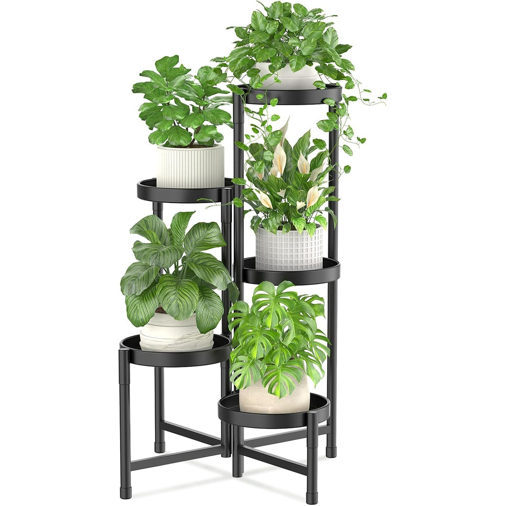 Plant Stand Indoor Outdoor, 5 Tier Corner Metal Flower Display Holder Shelf, Folding Tall Orchid Rack For Patio Balcony Porch Garden Living Room House, Black