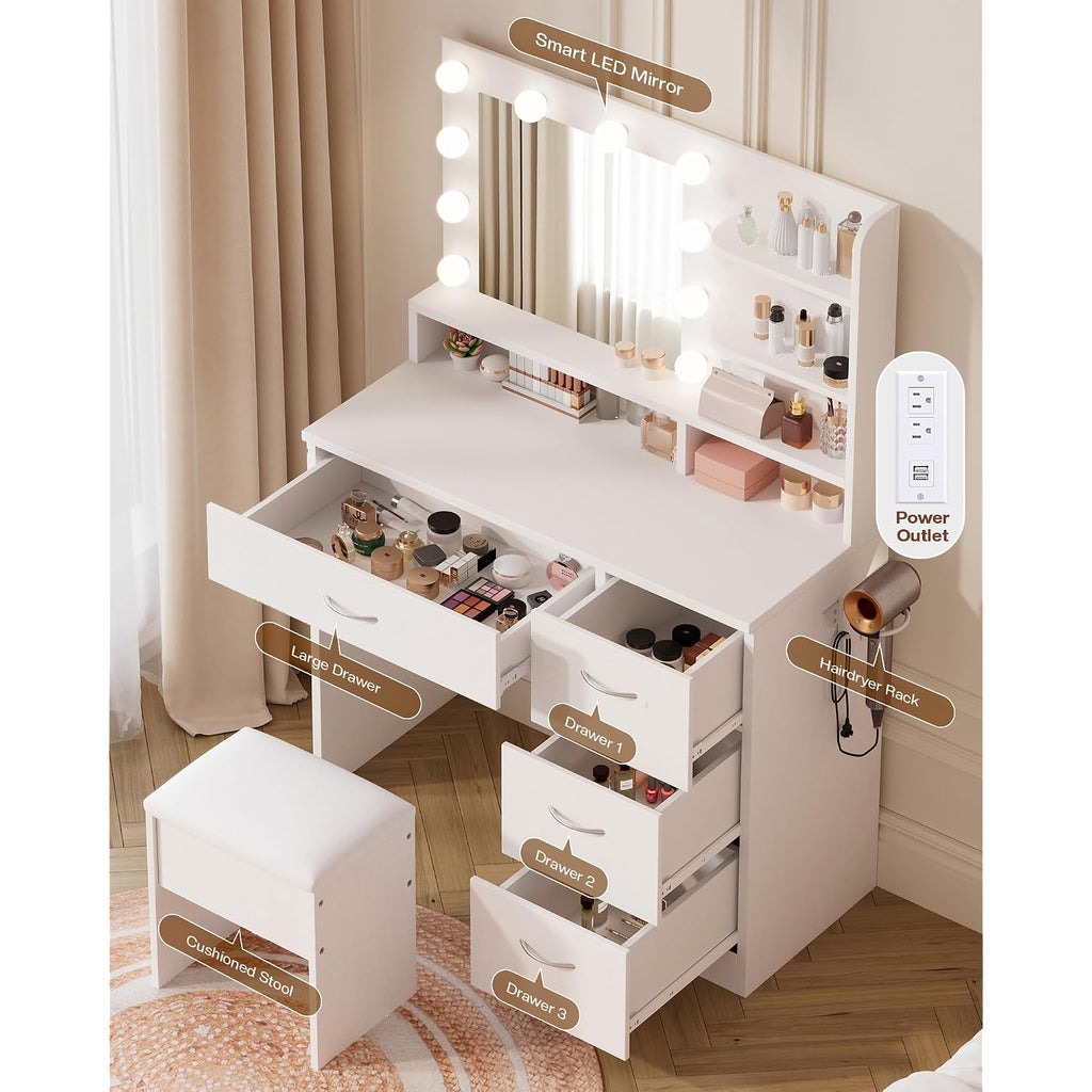 Livelyglow White Makeup Vanity Desk With Charging Station & 4 Drawers | 10 Led Bulbs, Hd Mirror, Cushioned Stool, Hairdryer Rack
