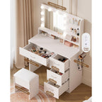 Livelyglow White Makeup Vanity Desk With Charging Station & 4 Drawers | 10 Led Bulbs, Hd Mirror, Cushioned Stool, Hairdryer Rack