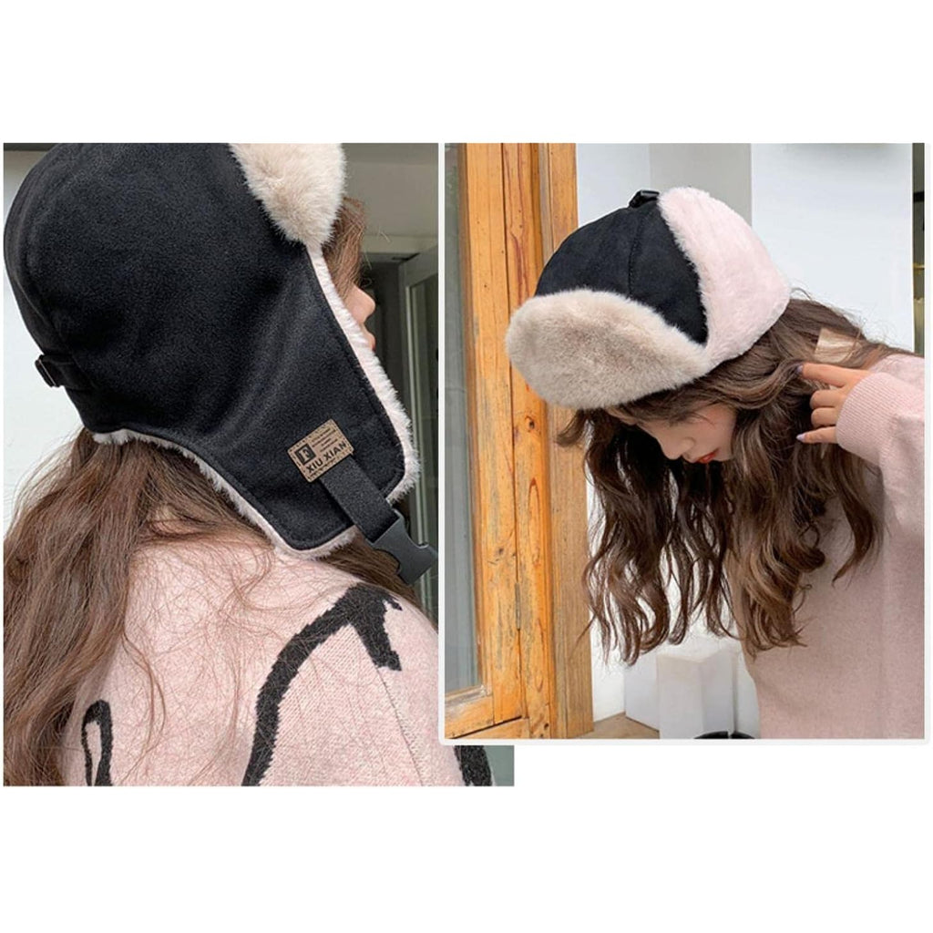 Women Winter Furry Trapper Hat with Earflaps Warm Faux Fur Windproof Russian Trooper Cap Fleece Lined Plush Hunting Ski