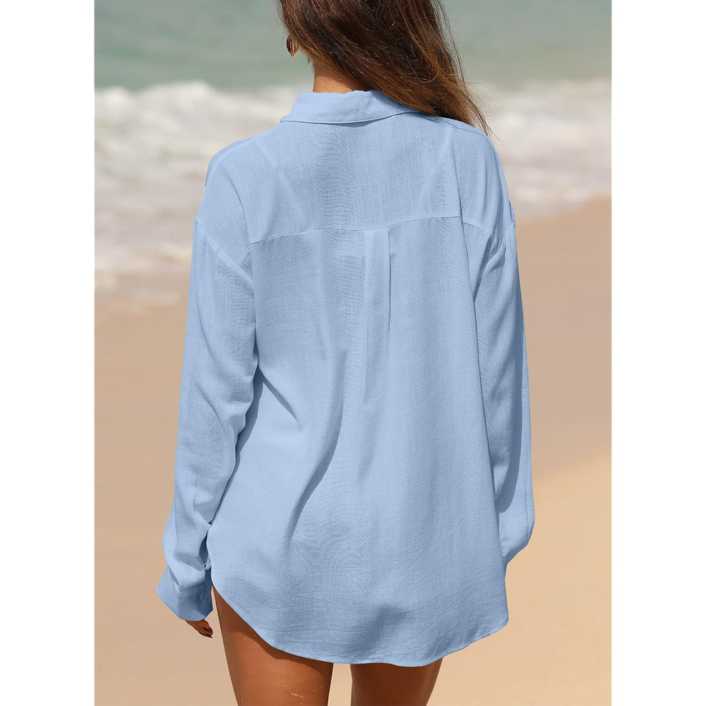 Women 2026 Loose Fit Tops Cotton Linen Button Down Shirts Collared Roll Up Long Sleeve V Neck Blouses