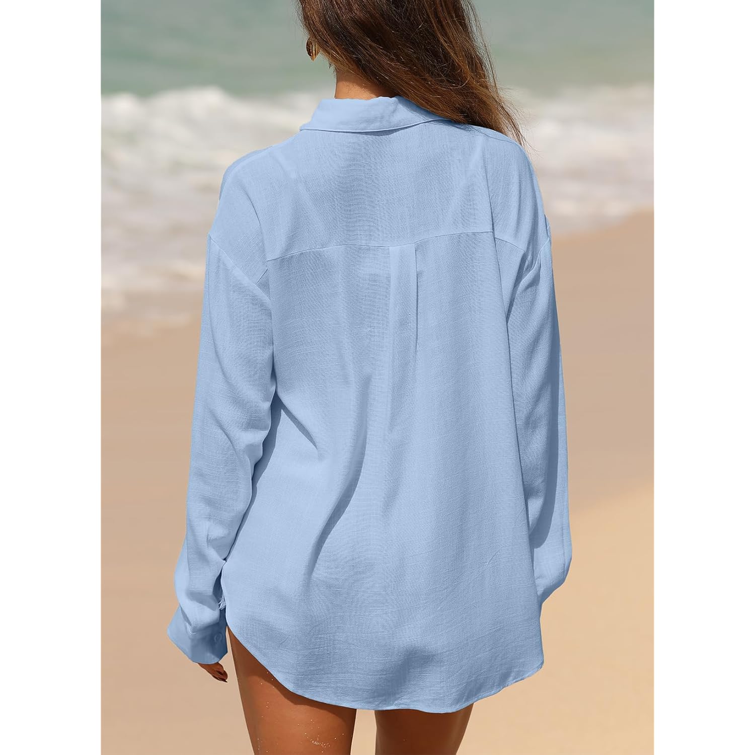 Women 2026 Loose Fit Tops Cotton Linen Button Down Shirts Collared Roll Up Long Sleeve V Neck Blouses
