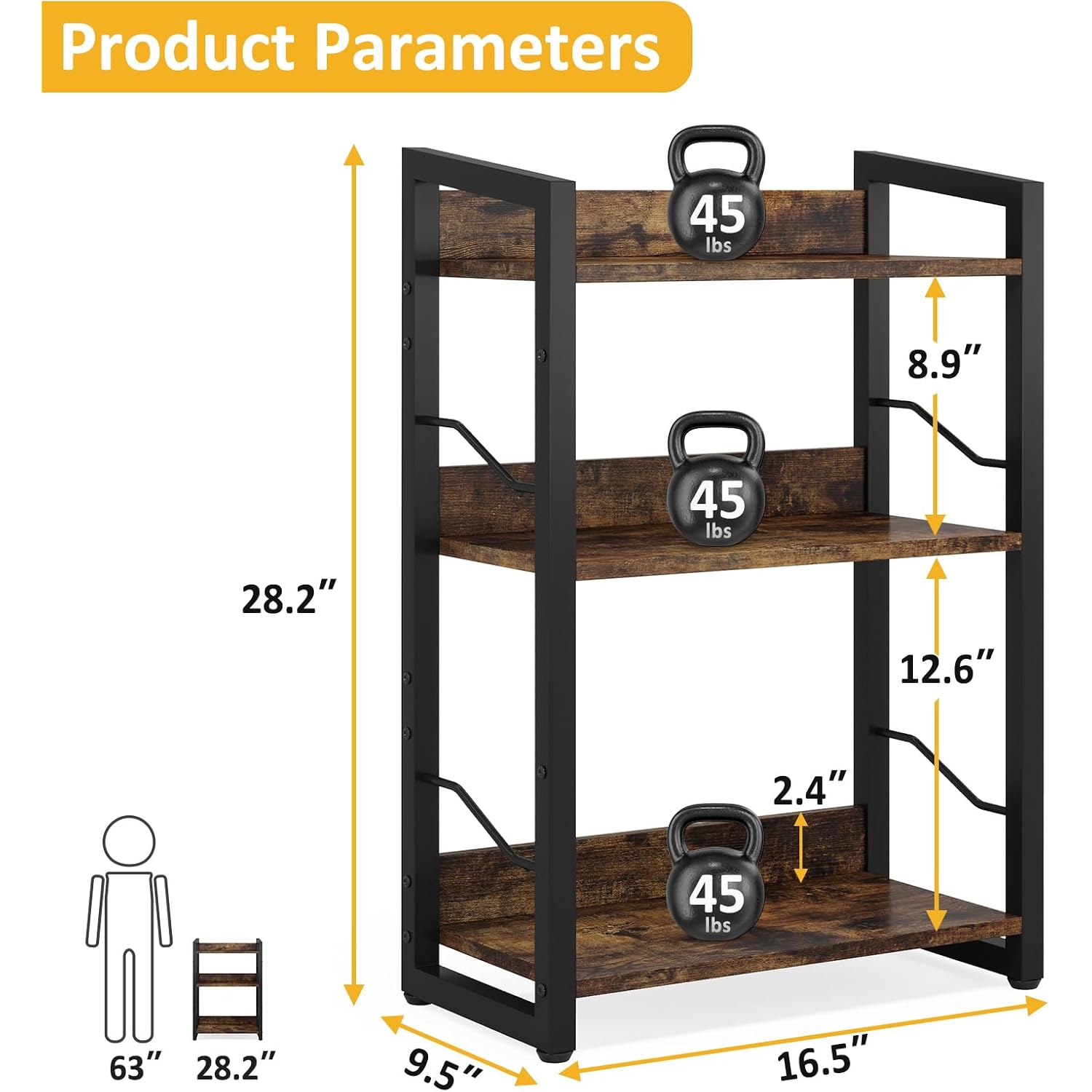 Book Shelf Small Bookshelf: 3-Tier Wood Bookcase Industrial Bookshelf With Edge Protection Metal Narrow Bookcase Storage Organizer Display Rack For Bedroom Home Office (Rustic Brown)