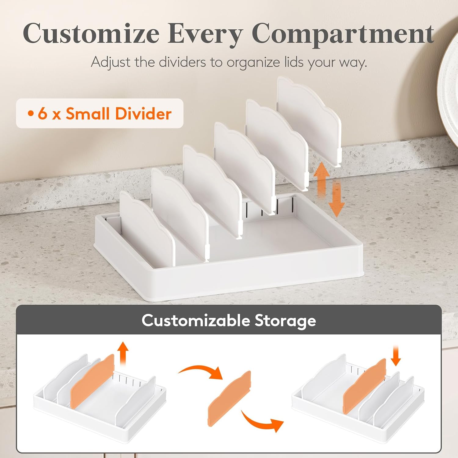 Lifewit Kitchen Cabinet Organizer For Food Contanier Lid, Lid Holder With 6 Adjustable Dividers & 7 Sections For Pantry Organizers And Storage, Home Drawer Organization, Large, 13" X 10"