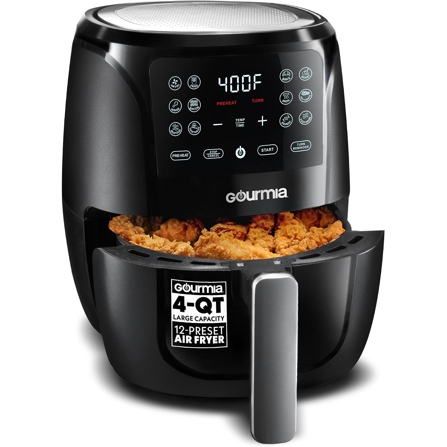 Gourmia Air Fryer - 4 Qt Capacity, Fryforce360º, Digital Display With 8 Presets, Roast, Bake, Broil, Dehydrate, Dishwasher Safe Accessories, Compact, Black