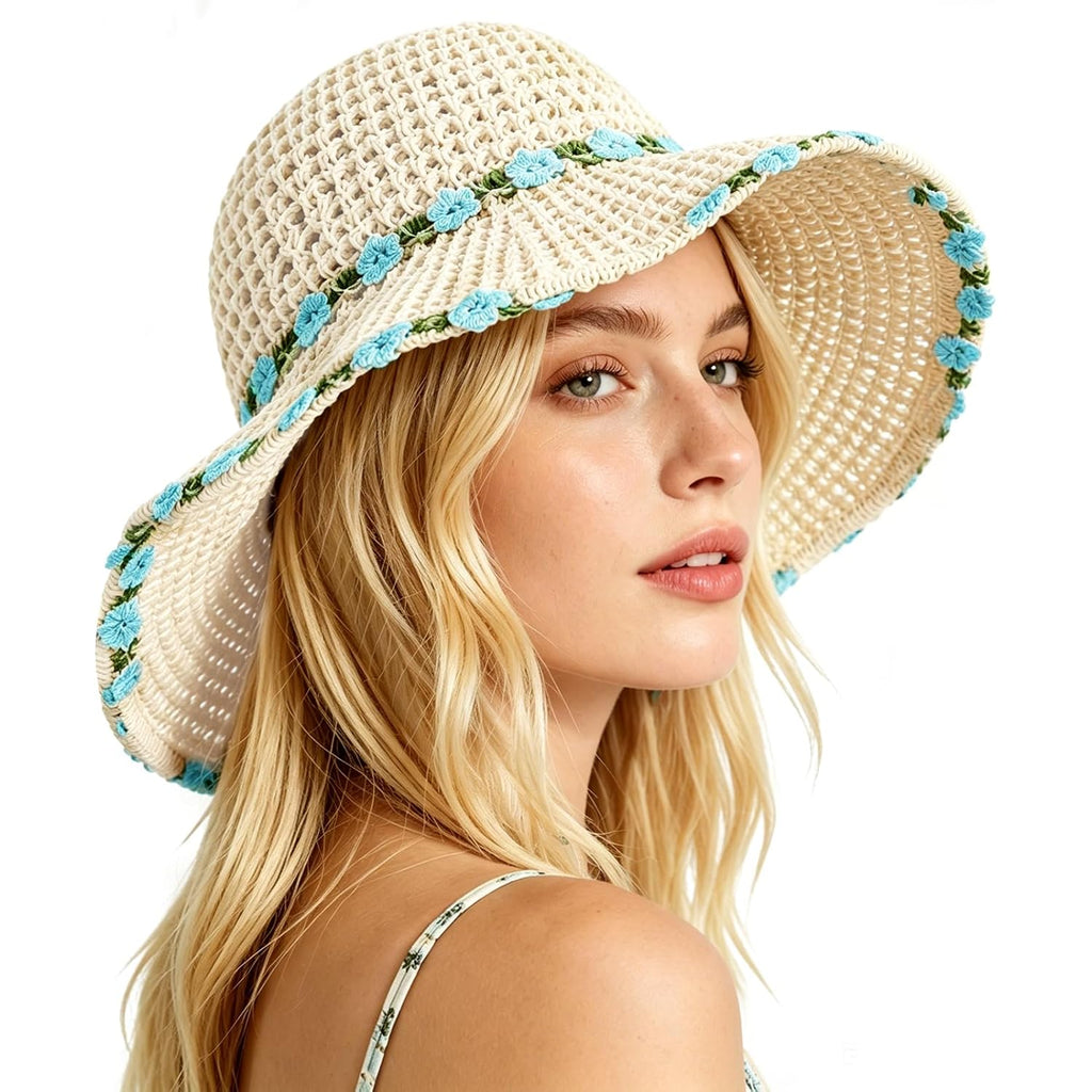 Sun Hats For Women Wide Brim Beach Hat Straw Boho Rainbow Beaded Summer Packable Foldable Bucket Hat For Travel