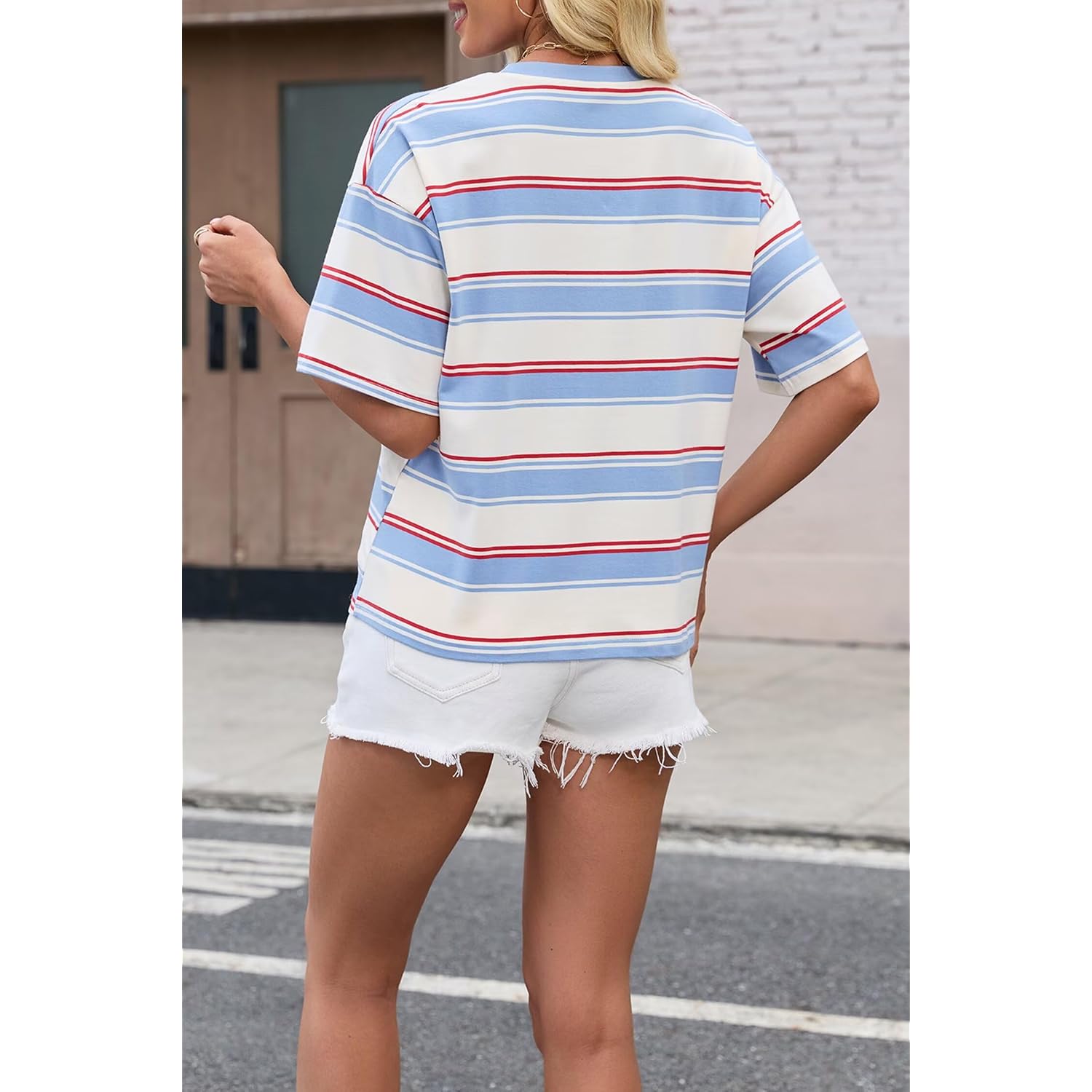 Allimy Women's Vintage Boxy Cropped Tee Short Sleeve Striped T Shirt Loose Fit Tops Casual Summer Blouses Color Block-blue Stripes