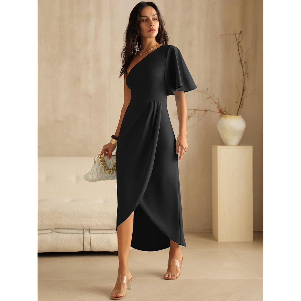 Anrabess Womens One Shoulder Formal Midi Dresses 2026 Summer Wrap High Slit Beach Wedding Guest Party Cocktail Maxi Dress