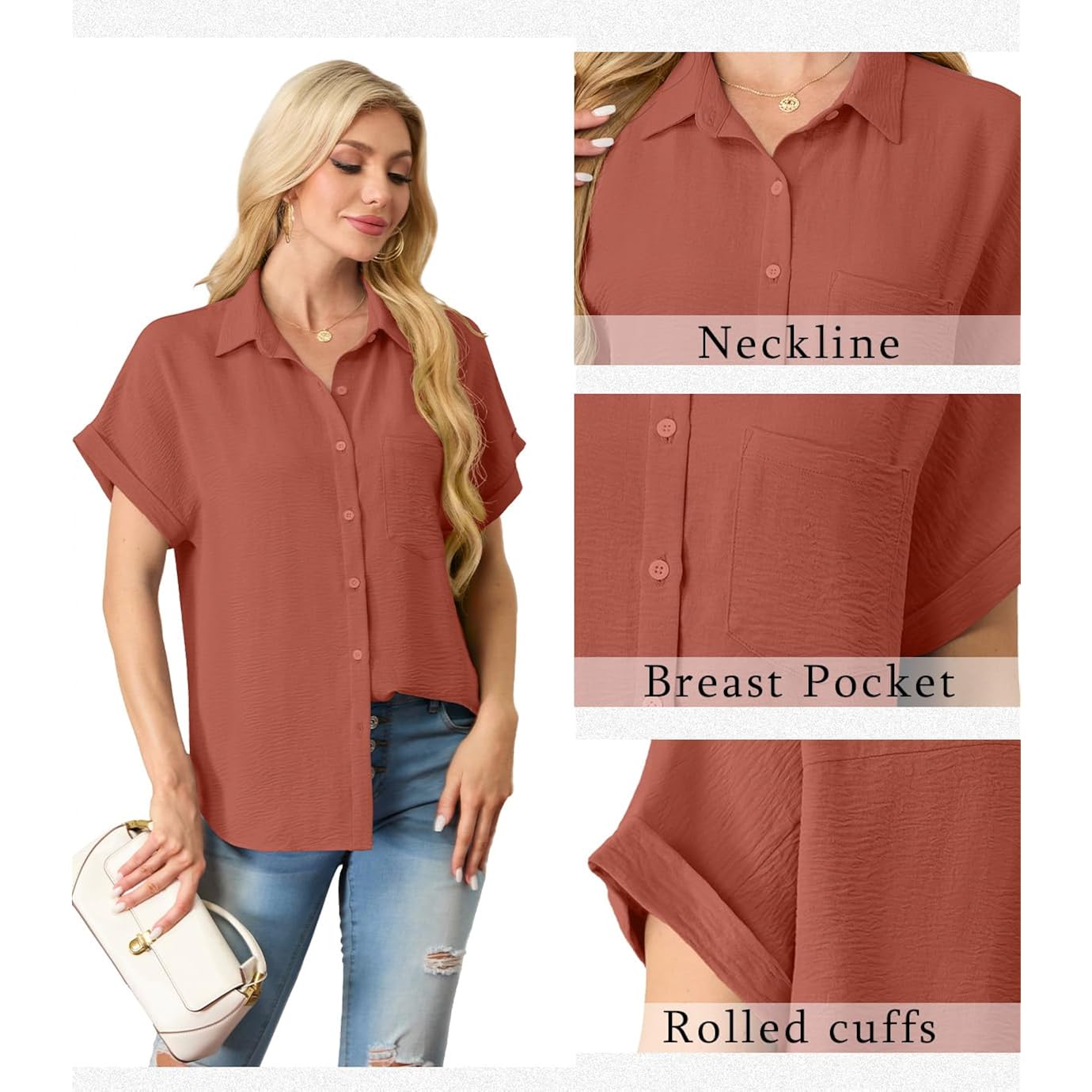 Button Down Short Sleeve Shirts for Women V Neck Loose Roll Up Collared Shirt Casual Summer Tops with Pockets