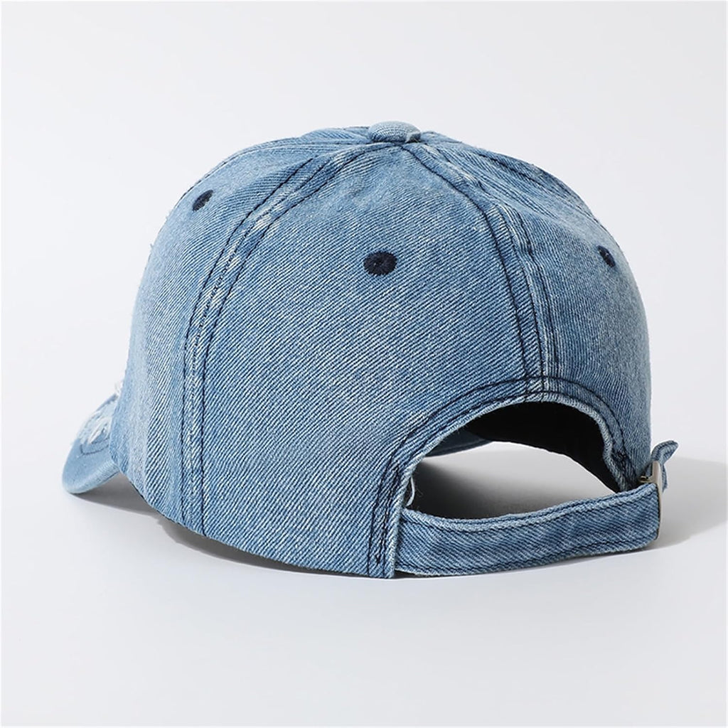Denim Hats for Women Vintage Washed Distressed Ripped Jean Hat Adjustable Baseball Cap Trucker Unisex Headwear Blue