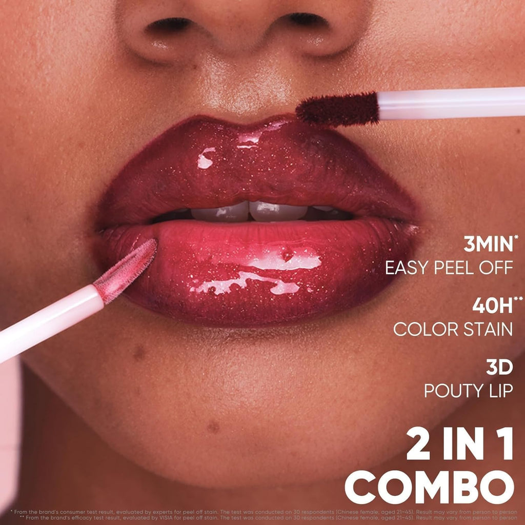JUDYDOLL Peel Off Stain and Plumping Oil Duo - Long-Lasting Lip Stain with 3D Plumping Gloss, Hydrating and Non-Sticky Formula (#03 Cherry Spark)