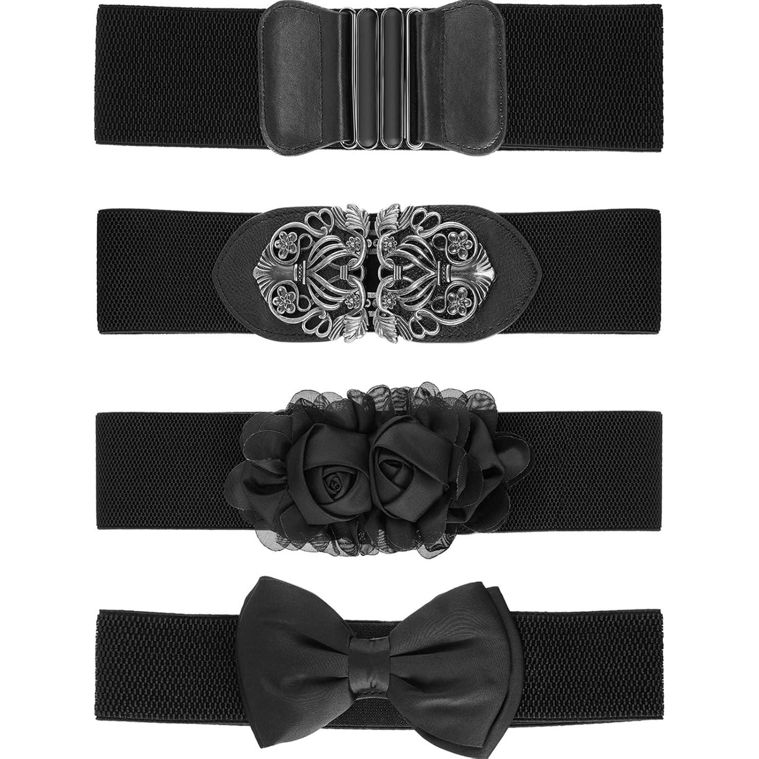Chuangdi 4 Pieces Women Vintage Wide Waist Belt Black Belt for Dress Elastic Stretch Retro Waistband for Jeans Pants