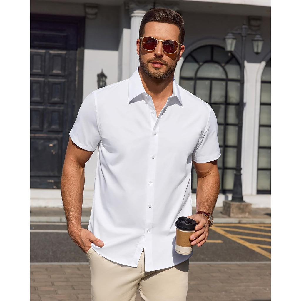 Men'S Short Sleeve Dress Shirts Stain Shield Formal Button Down Shirt Business Casual Stretch Tops Dating Wedding