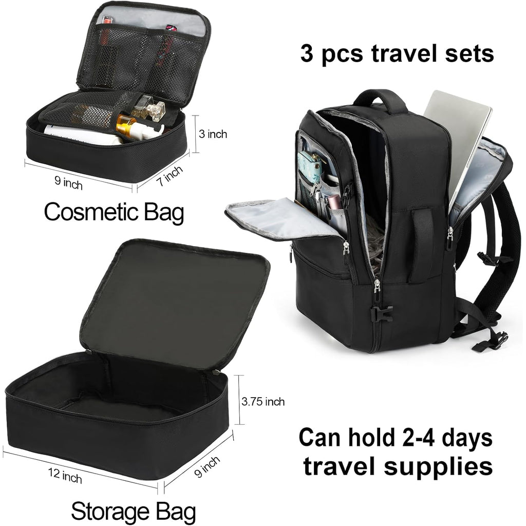 Shrradoo Travel Backpack For Women & Men,Airline Approved Carry On Luggage,Tsa Overnight Bags,40L Personal Item Travel Bag Fits 17" Laptop,Carry On Bag With Storage Bag Cosmetic Bag Set 3Pcs (Black)