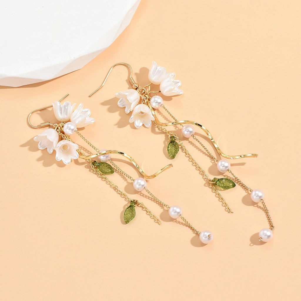 Dangle Flower Leaf Earring White Fairy Flower Summer Dangling Long Tassel Earrings Lily Of The Valley Earrings Jewelry
