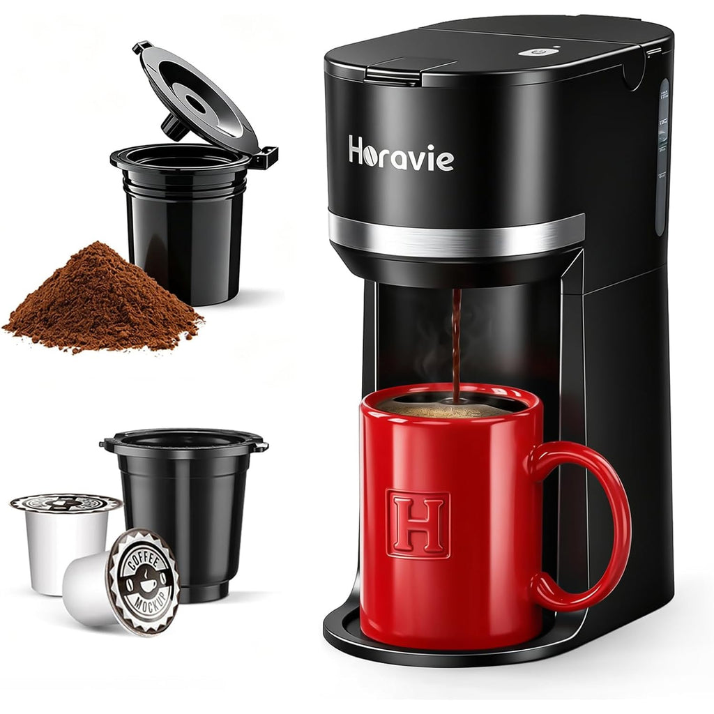 Horavie Small Single Serve Coffee Maker for K Cup and Grounds, Fast Brew One Cup Coffee Machine with One Button, 6 to 12 oz. Brew Sizes, Perfect for Home and Travel, Black