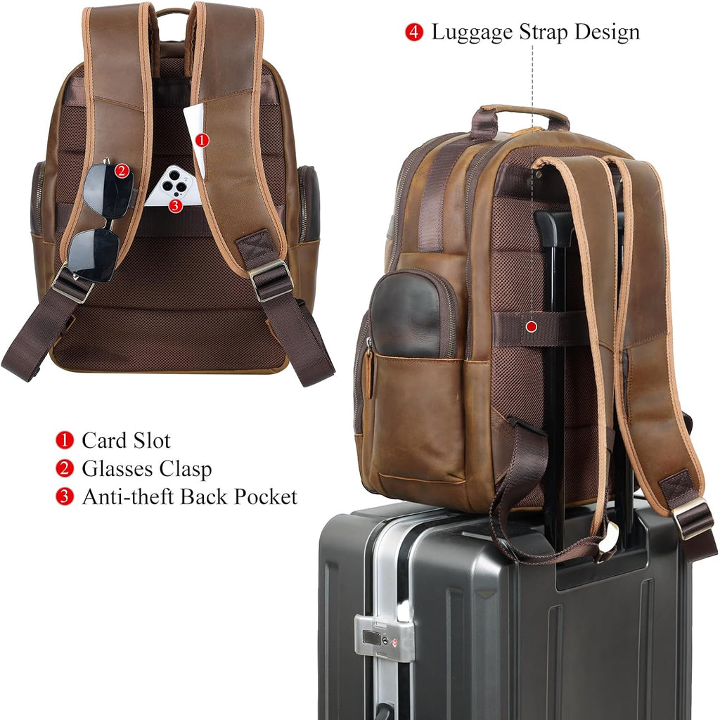 Tiding Men'S Leather Backpack 14"/ 15.6" Laptop Business Travel Daypack | Thick Sponge Padded Laptop & Tablet Sleeves, Water Bottle Holder, Luggage Strap, Anti-Theft Pocket, Large Capacity