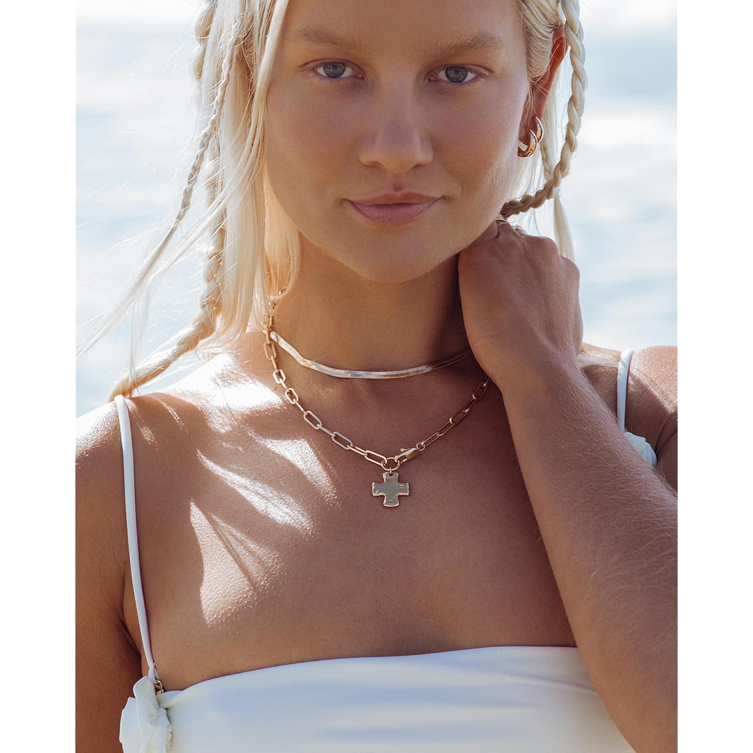 James Michelle The Original Chunky Cross Chain Necklace for Women – Premium Waterproof, Tarnish-Free, Gold & Silver PVD Coated Jewelry – Hypoallergenic – Perfect for Beach, Weddings, Gifts