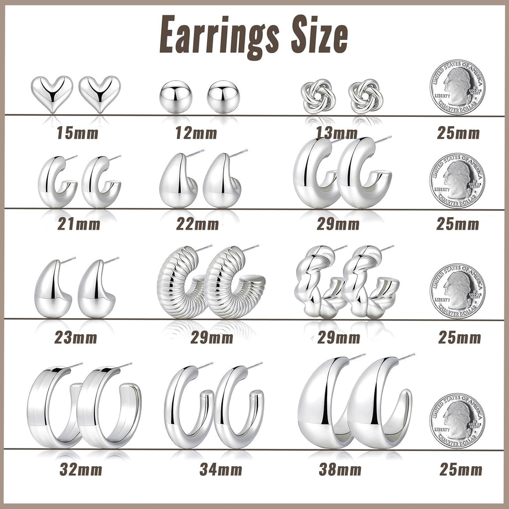 12 Pairs Chunky Silver Hoop Earrings for Women Trendy, Silver Plated Lightweight Thick Open Twisted Stack, Non Tarnish Huggie Hoops Earring Set