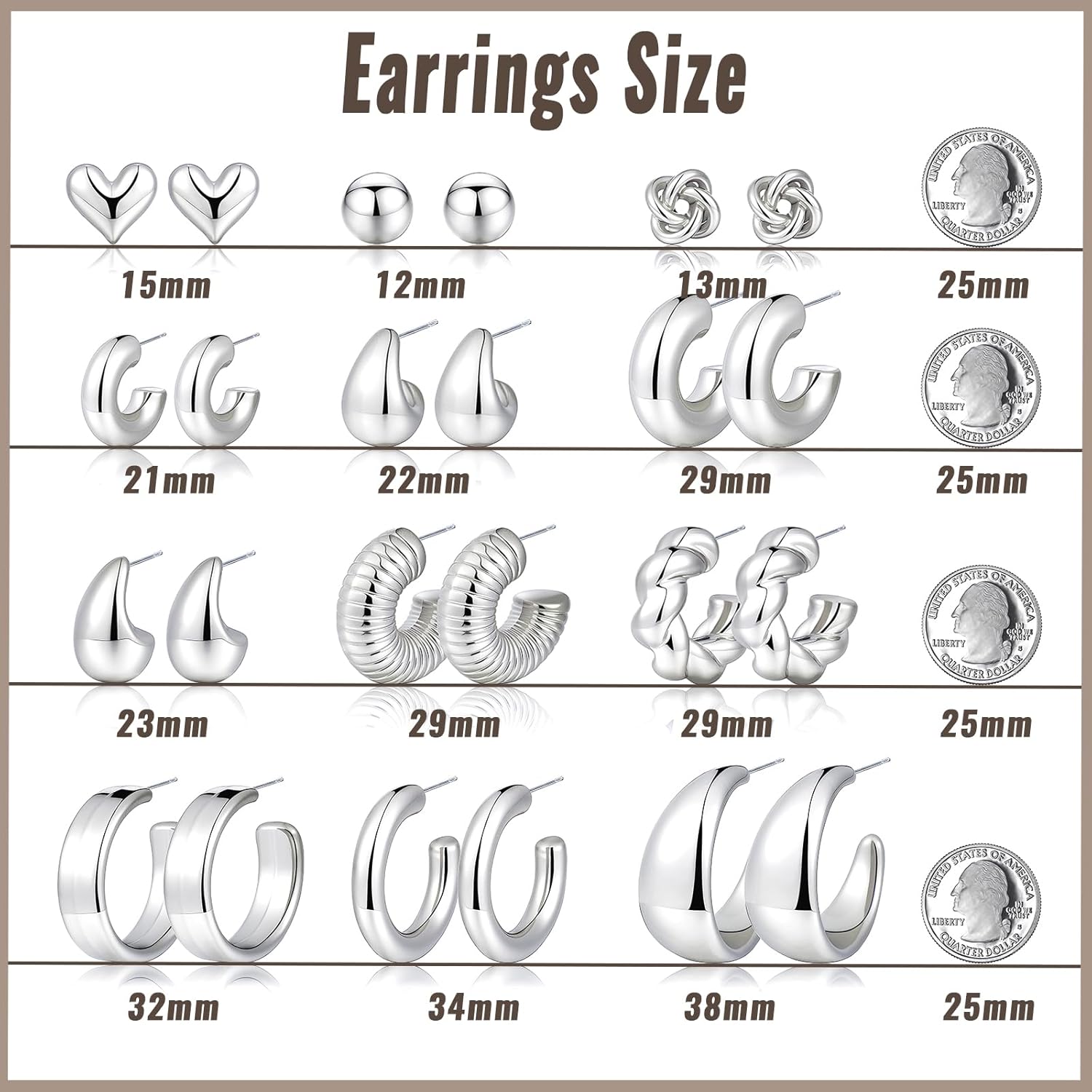12 Pairs Chunky Silver Hoop Earrings for Women Trendy, Silver Plated Lightweight Thick Open Twisted Stack, Non Tarnish Huggie Hoops Earring Set