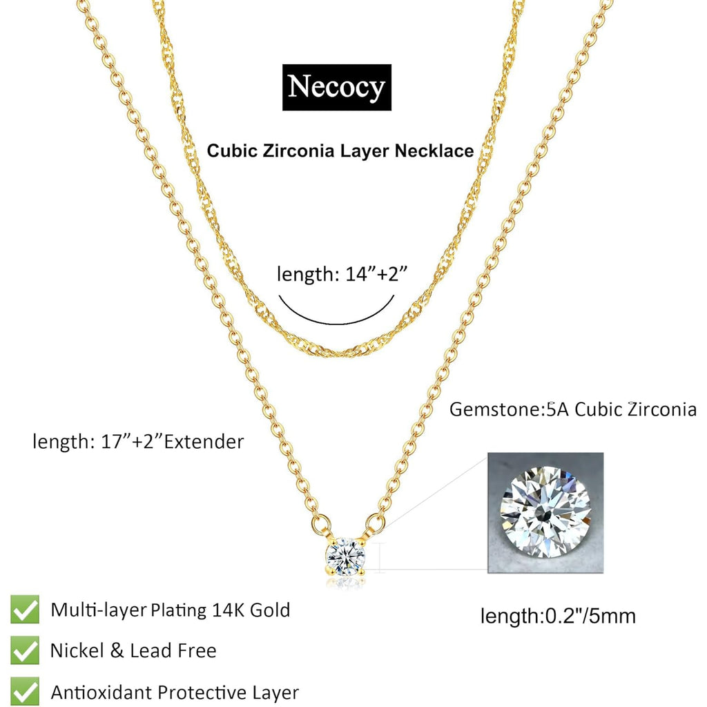 NECOCY Layered Gold Necklaces for Women, Dainty Layered Necklace 14k Gold Plated/Silver Cubic Zirconia Necklace Stack, Simple CZ Jewelry Trendy Gifts for Women