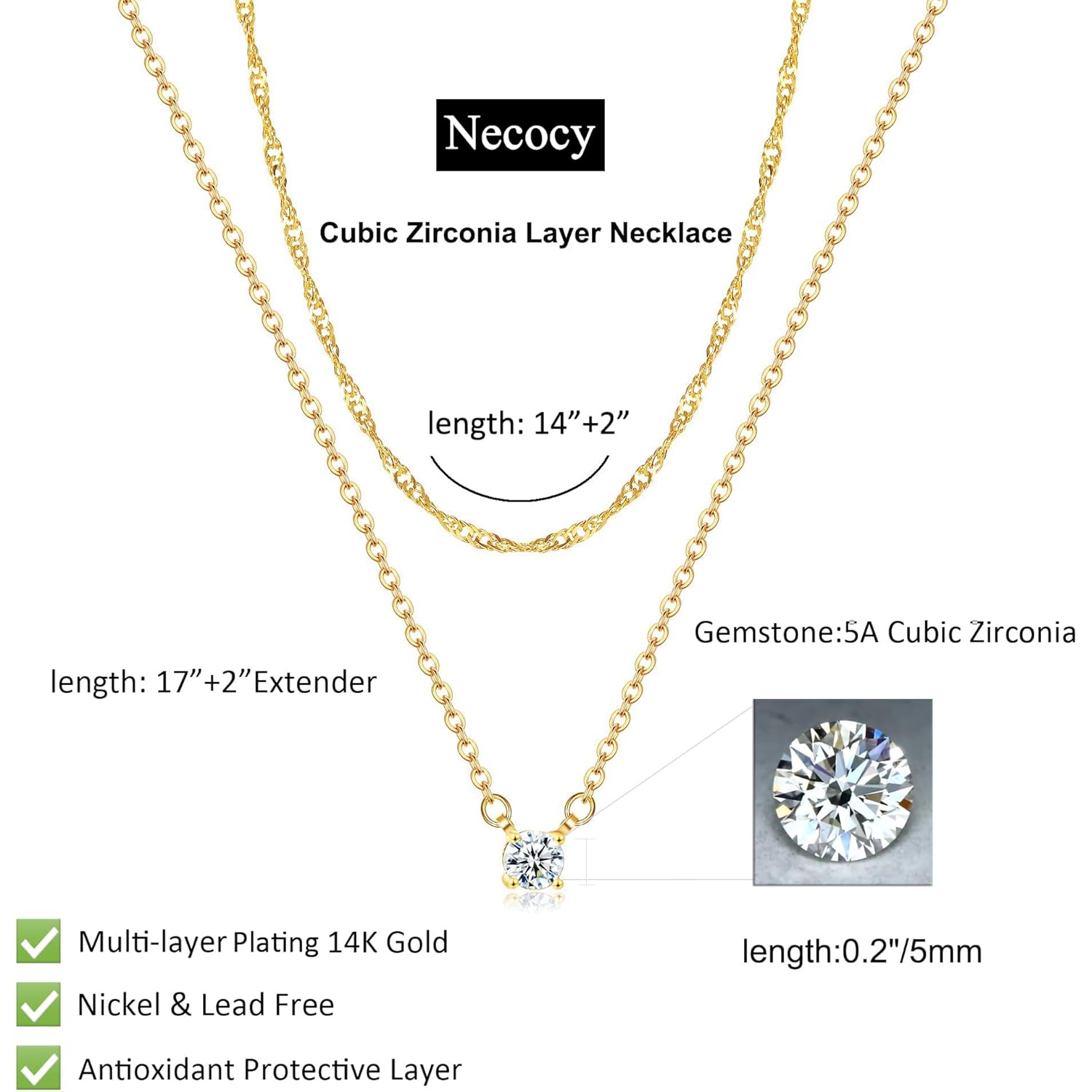 NECOCY Layered Gold Necklaces for Women, Dainty Layered Necklace 14k Gold Plated/Silver Cubic Zirconia Necklace Stack, Simple CZ Jewelry Trendy Gifts for Women