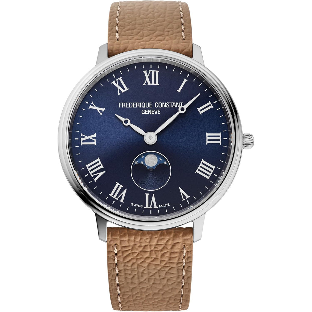 Frederique Constant Swiss Made Classic Quartz Moonphase Silver Stainless Steel Case Watch And Brown Leather Strap Blue Dial, Style:Fc-206Rn3S6